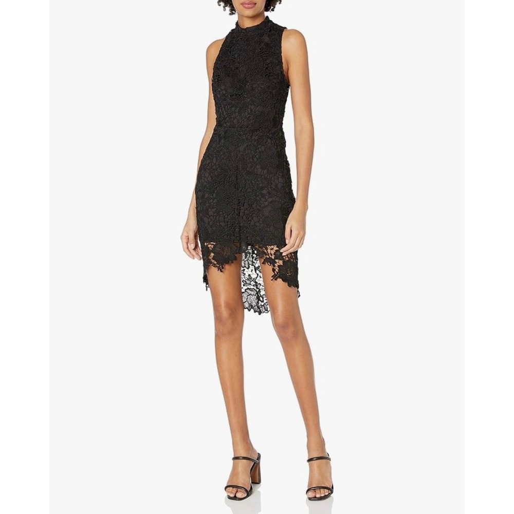 ASTR the Label Samantha Black Lace Mock Neck Dress Sleeveless High Low Hem XS